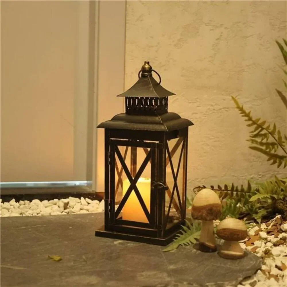 Large Black Metal Candle Lantern Indoor Outdoor Hanging Vintage Decor